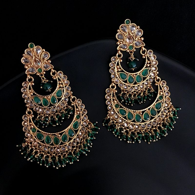 Beautiful Gold Look Chandbali With Green Stones And Small Green Beads Work