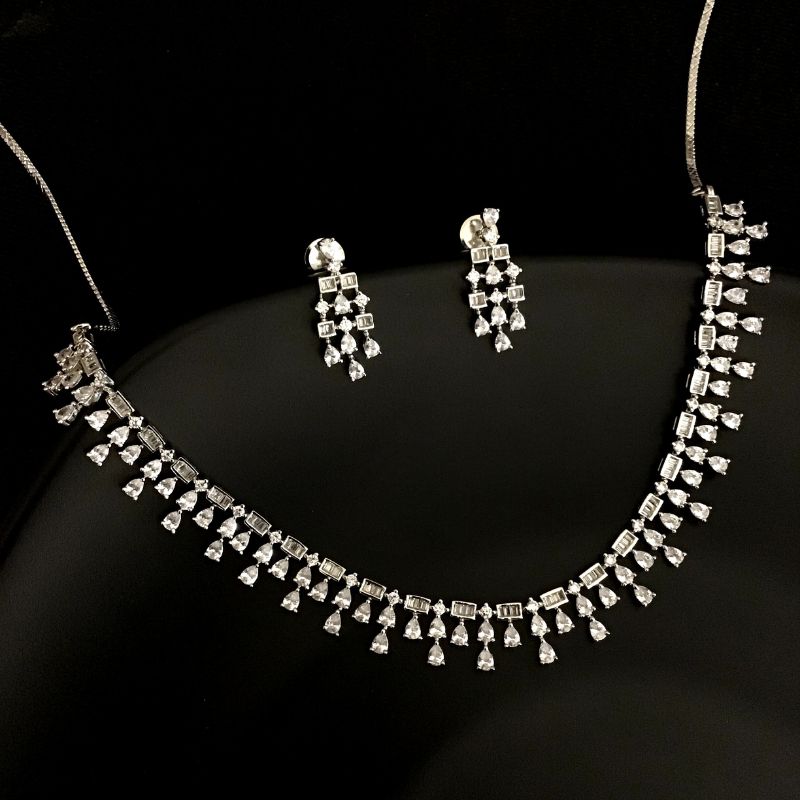 Silver Zircon/AD Necklace Set 13119-9894 - Dazzles Jewellery