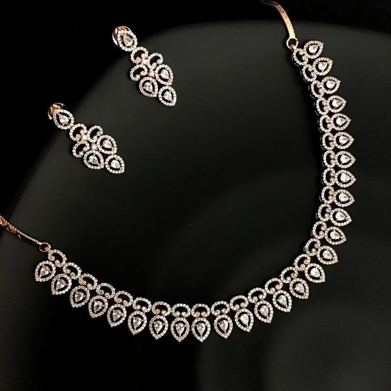 Rose Gold Zircon/AD Necklace Set 13159-9956 - Dazzles Jewellery