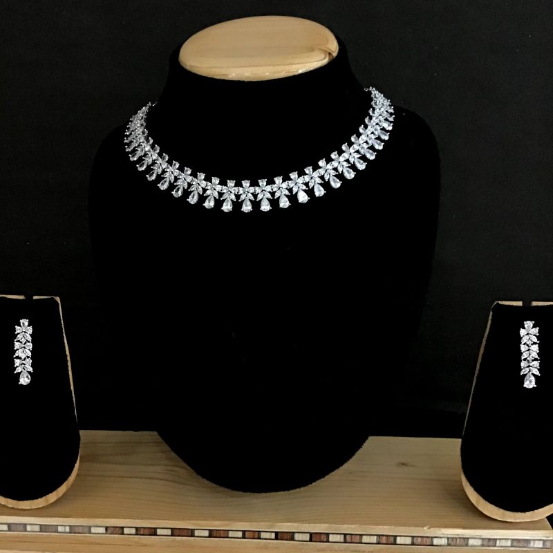 Silver Zircon/AD Necklace Set 13170-9987 - Dazzles Jewellery