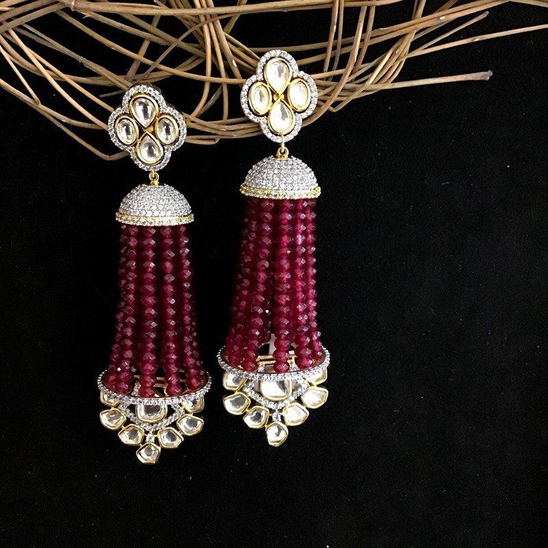 Designer American Diamond Long Jhumki With Ruby Beads