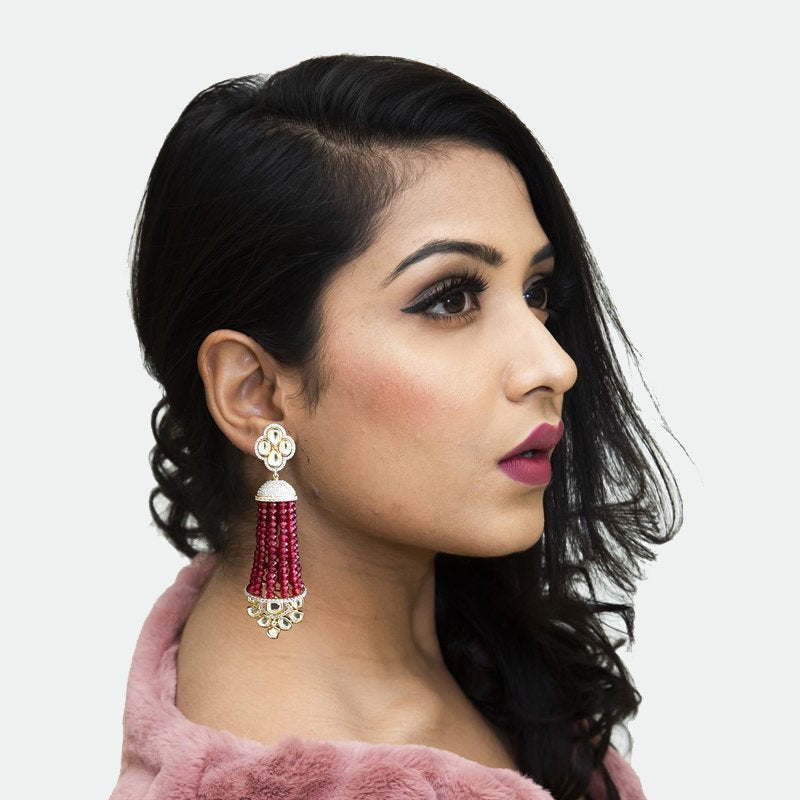 Designer American Diamond Long Jhumki With Ruby Beads