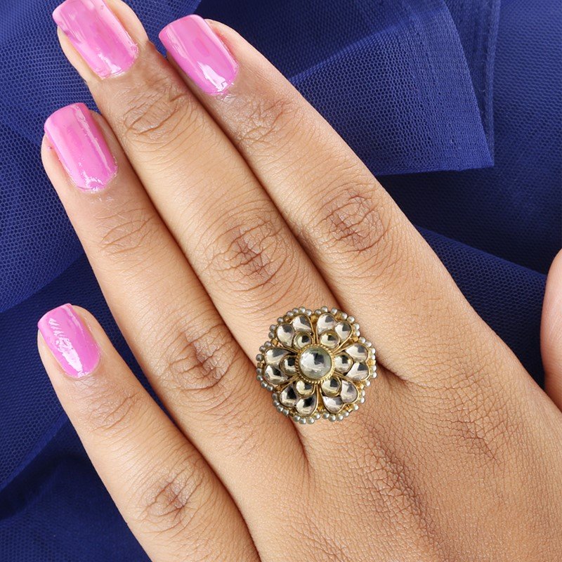 Kundan Cocktail Adjustable  Gold Ring 1412-5477 - Dazzles Jewellery