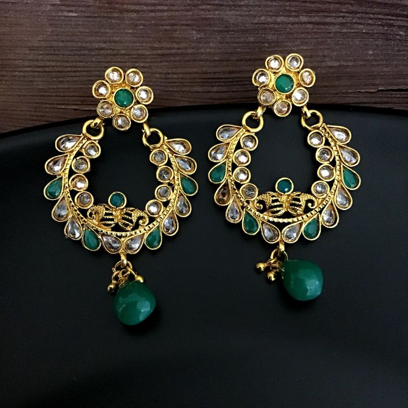 Chandbali Of Beautiful Heavy Polki Round Neck Necklace Set With Green Stones