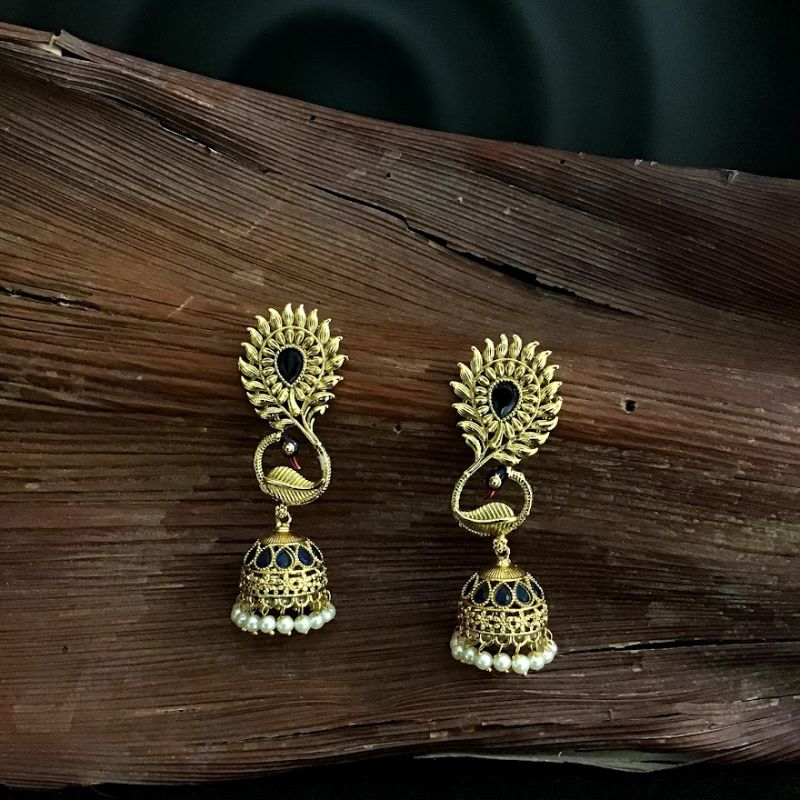 Designer Gold Look Jhumki With Blue Stones