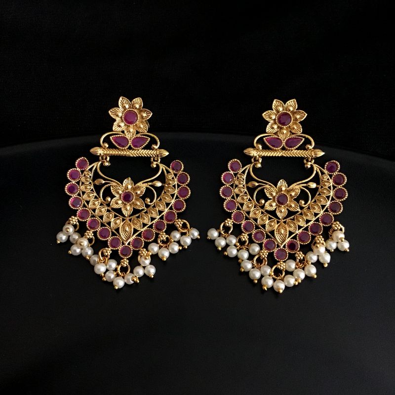 Gold Look Beautiful Earrings With Ruby Stones And pearl Latkan