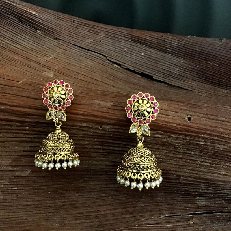 Elegant Gold Look Jhumki With Ruby Stones And Pearl Latkan