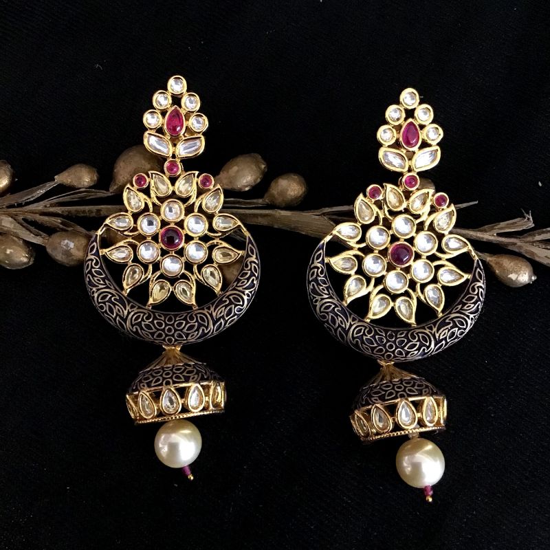 Designer Kundan Chandbali With Small Jhumki With Black Meenakari And Ruby Stone