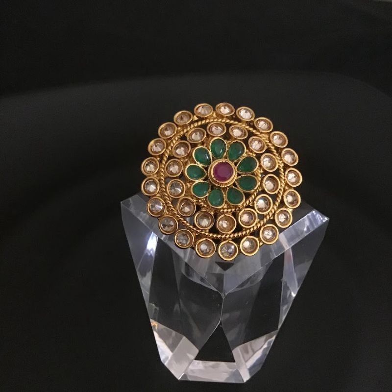 Big Size Simple Gold Look Ring With Green Stones