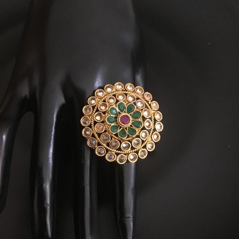 Big Size Simple Gold Look Ring With Green Stones