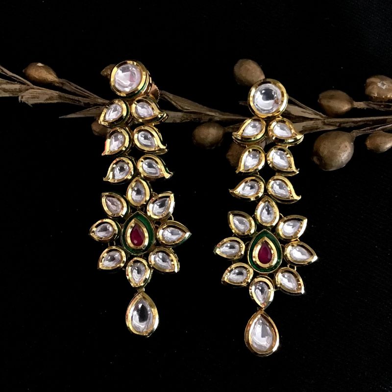 Beautiful Designer Kundan Dangelers With Ruby Green Stone