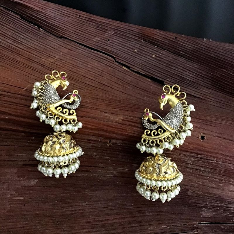 Designer Gold Look Jhumki With Ruby Stone And Pearl Latkan