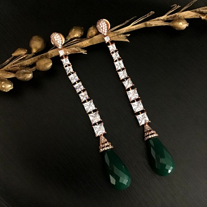 Elegant American Diamond Danglers With Green Bead Latkan