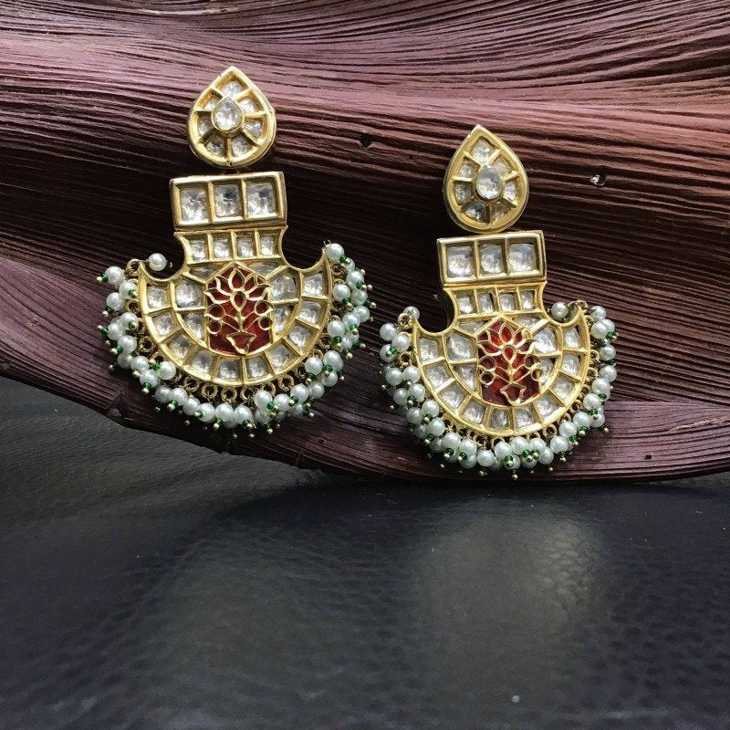 Beautiful DesignerKundan Chandbali with Red Meenakari & White pearl - Dazzles Jewellery