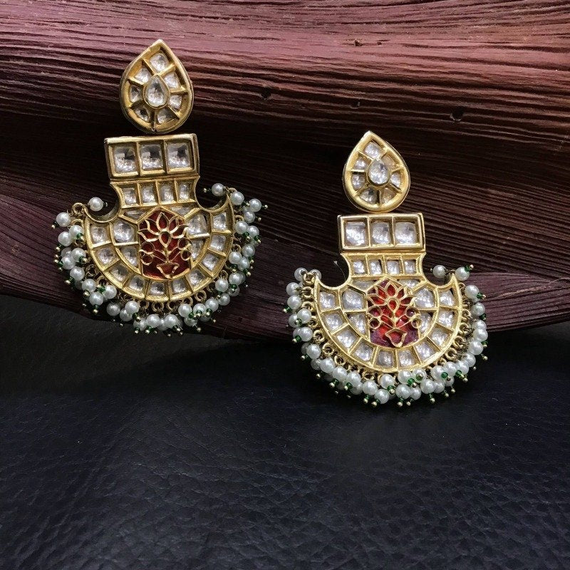 Beautiful DesignerKundan Chandbali with Red Meenakari & White pearl - Dazzles Jewellery