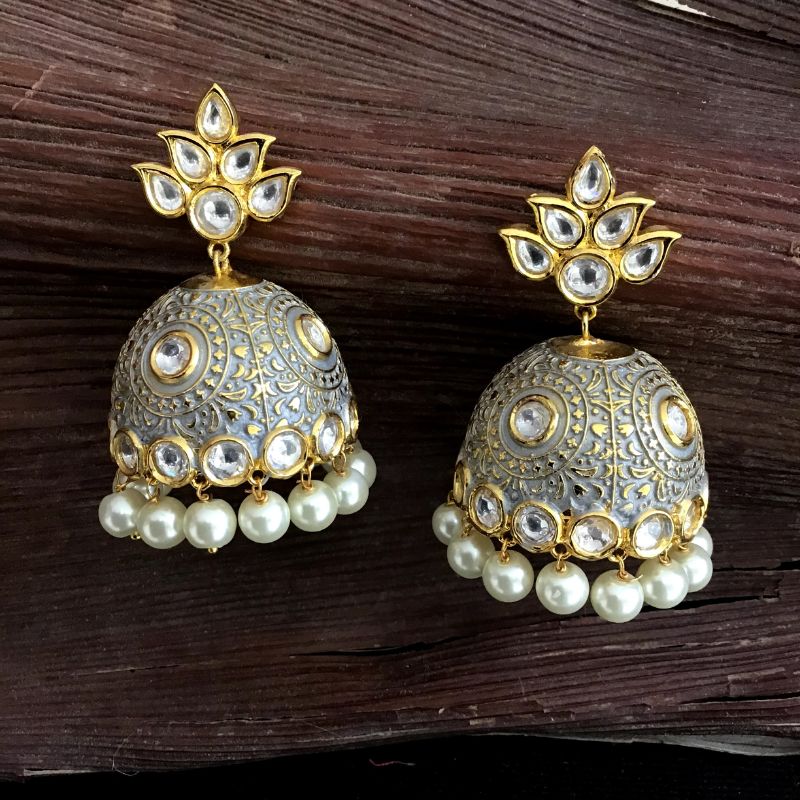 Gray Color Meenakari Kundan Jhumki Earring 6401-1225 - Dazzles Jewellery