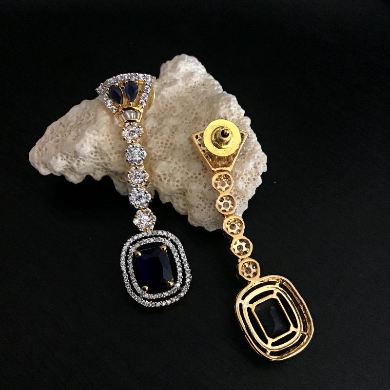 Designer American Diamond Danglers With Blue Stones In Two Tone