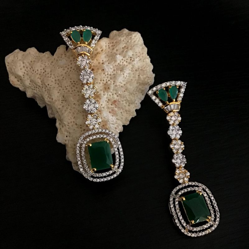 Designer American Diamond Danglers With Green Stones In Two Tone