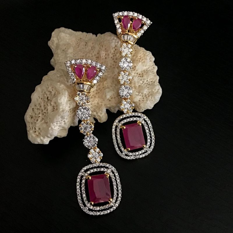 Designer American Diamond Danglers With Ruby Stones In Two Tone