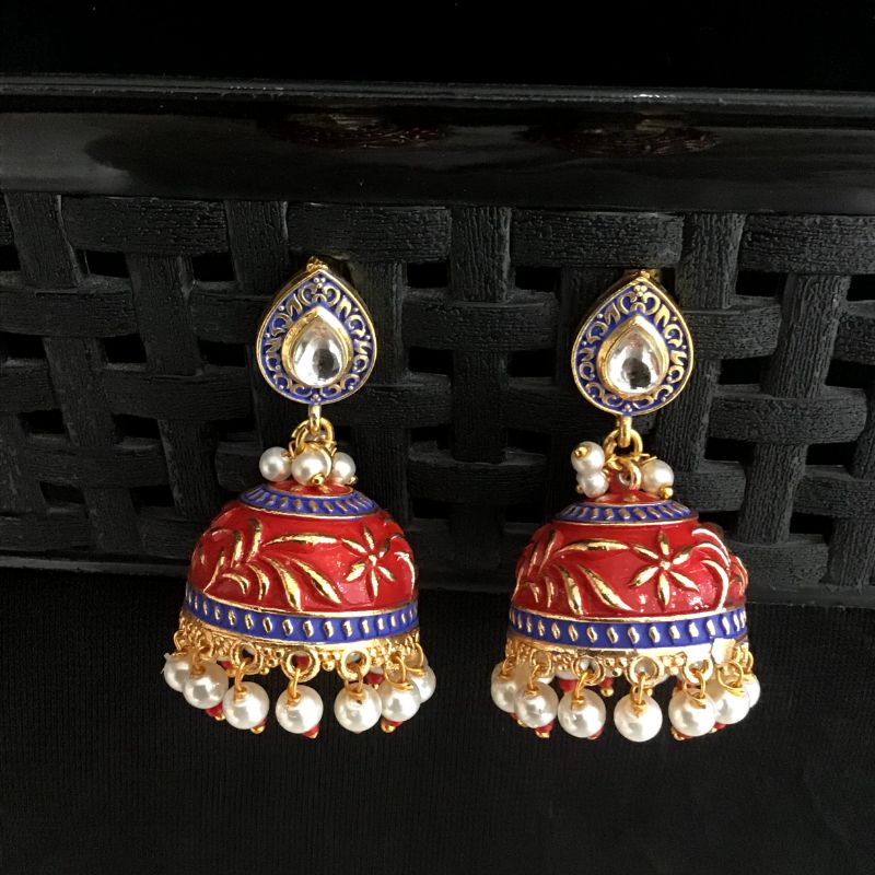 Red And Blue Meenakari Kundan Earring 6981-0241 - Dazzles Jewellery