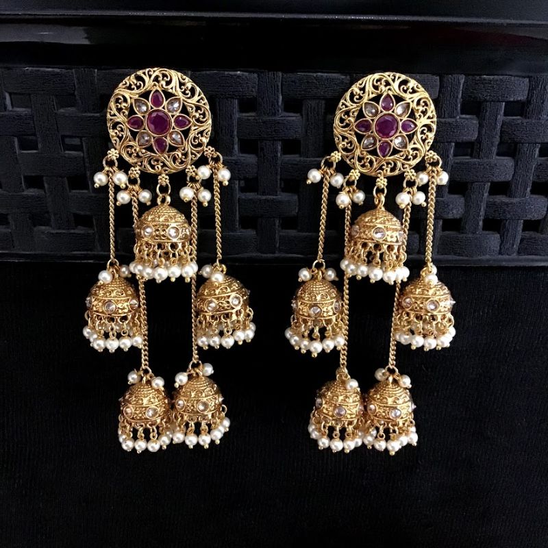 Ruby Color Gold Look Designer long jhumki 7411-0862 - Dazzles Jewellery