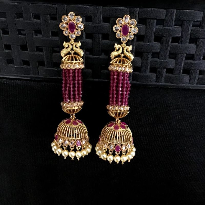 Ruby Color Gold Polish Long Jhumki - Dazzles Jewellery