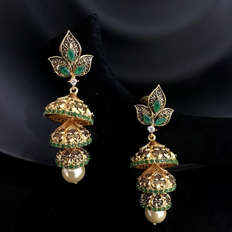 Three Layer Gold Look Jhumki With Green Stones And Pearl Latkan