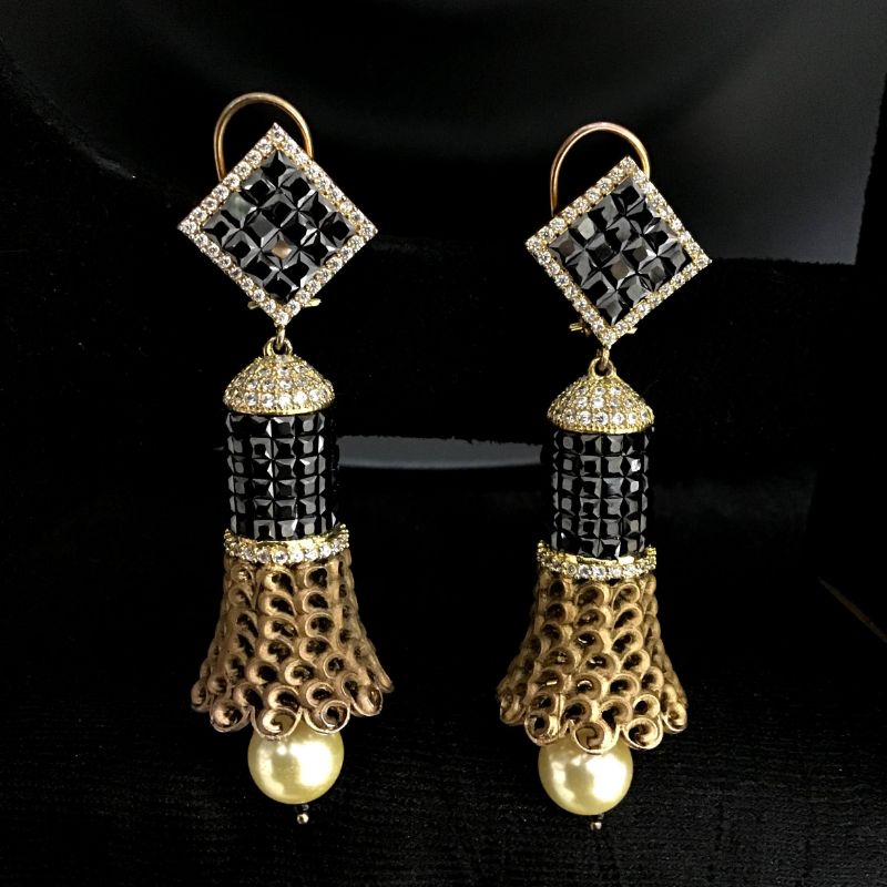 Beautiful Diamond Long Earrngs With Black Stones