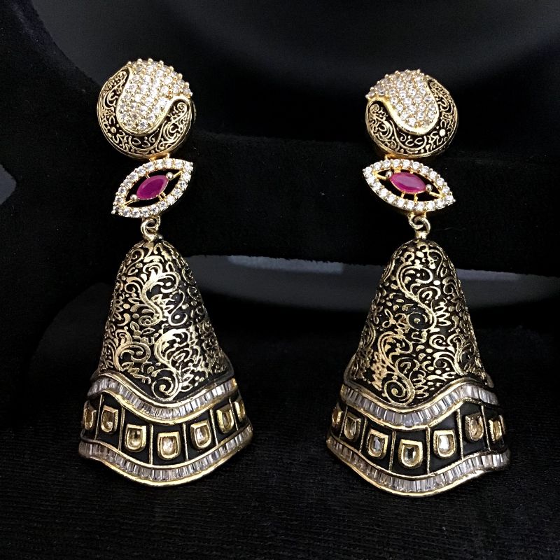 Beautiful Diamond Jhumki With Black Meenakari And Ruby Stone