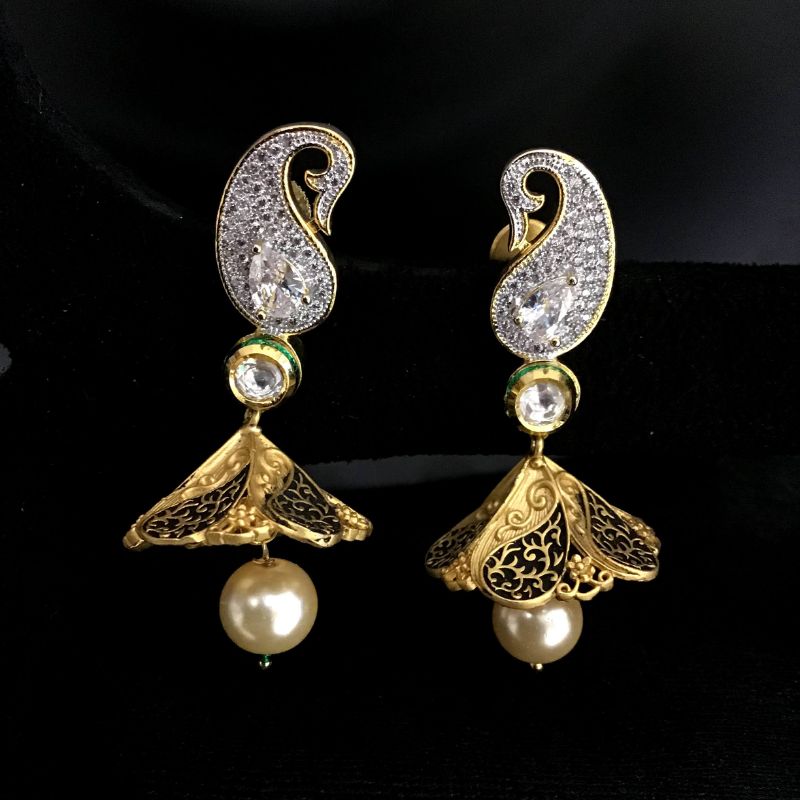 Elegant Diamond Jhumki With Black Meenakari And Pearl Latkan