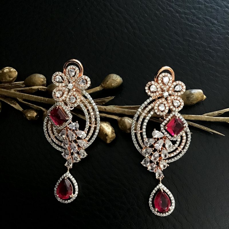 Beautiful American Diamond Light Earrings With Ruby Stones In Two Tone Polish