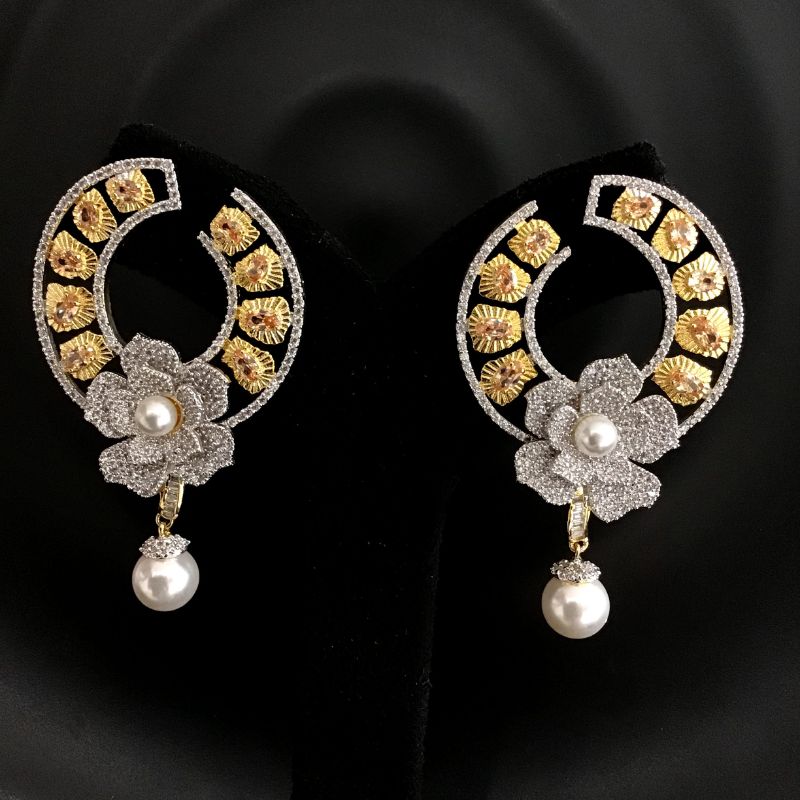 Round Shape Beautiful Diamond Earrings With Champagne Stone And Pearl Latkan