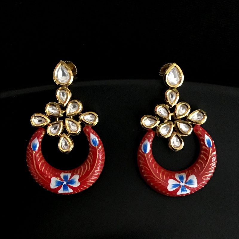 Kundan Chandbali With Red And Blue Meenakari