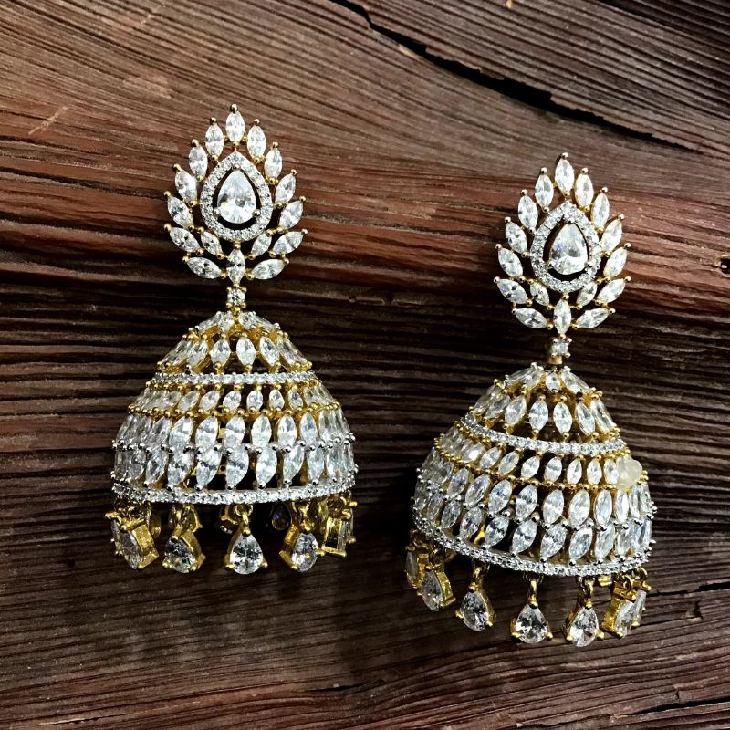 Beautiful Heavy American Diamond Jhumki In Gold Finish