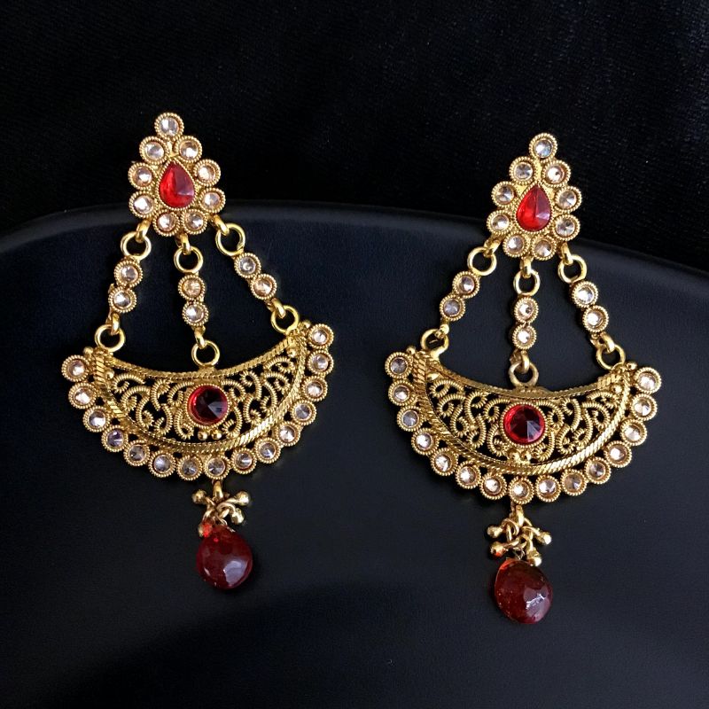 Traditional Gold Look Chandbali With Red Stone And Red Bead