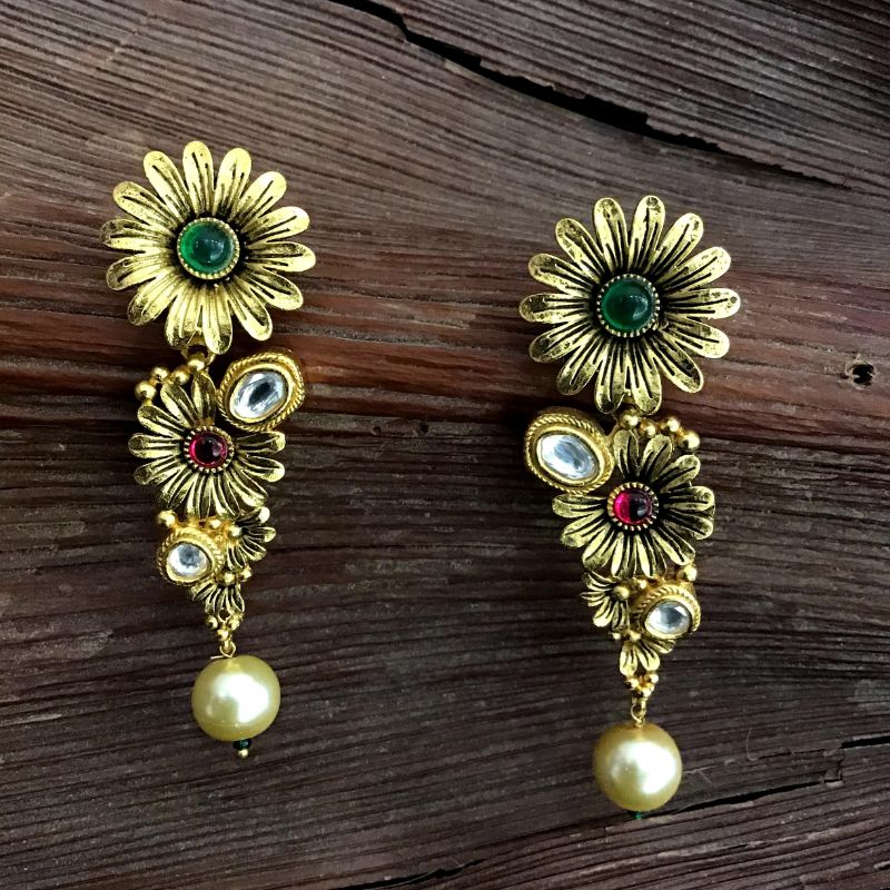 Beautiful Gold Look Danglers With Ruby And Green Stone And Pearl Latkan