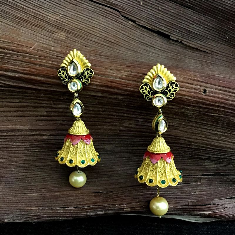 Elegant Kundan Jhumki With Black Meenakari And Pearl Latkan