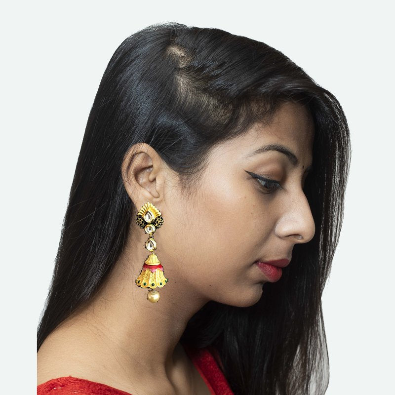 Face Look Of Elegant Kundan Jhumki With Black Meenakari And Pearl Latkan