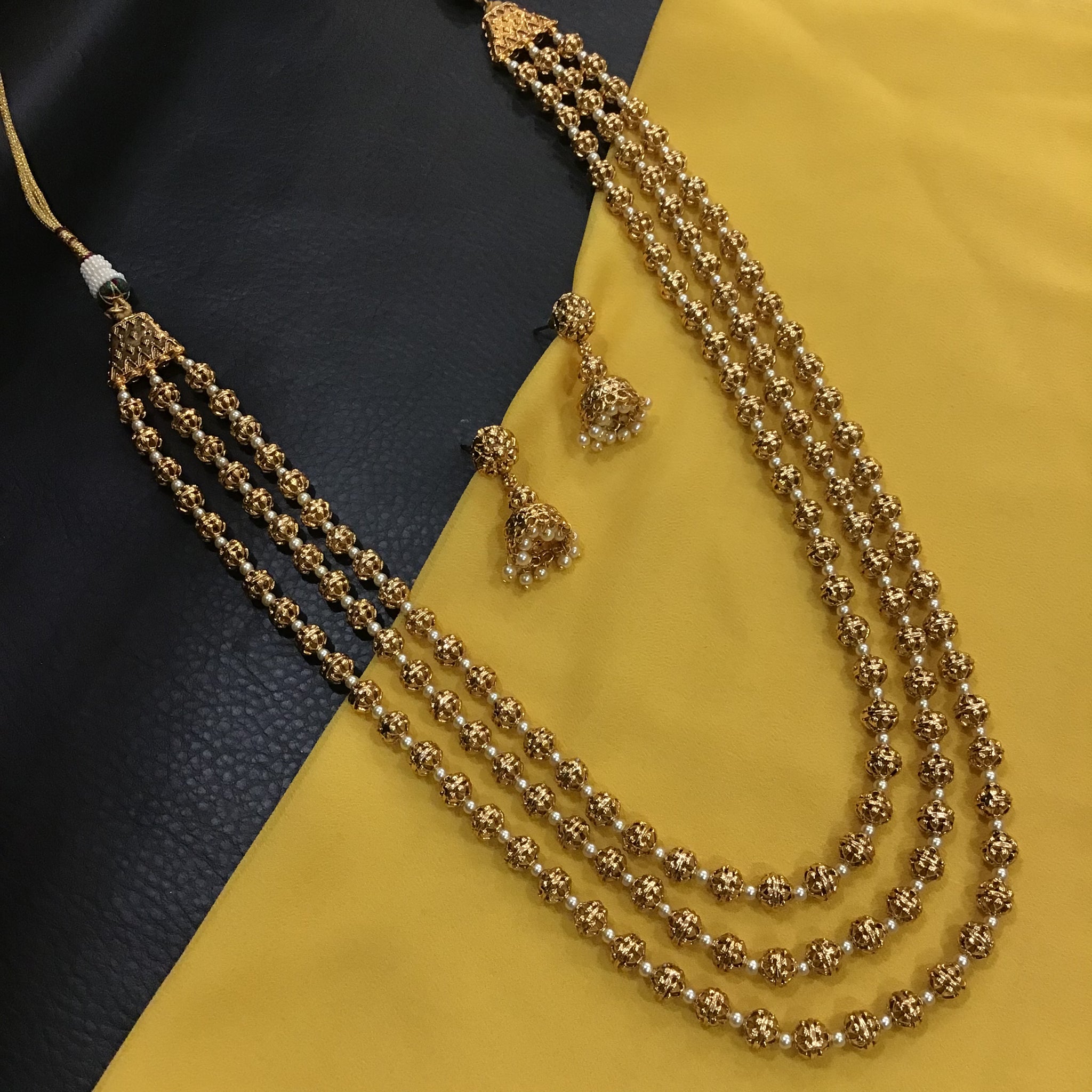 Gold Pearl Beads Necklace Set with matching earrings 18791 - Dazzles Jewellery