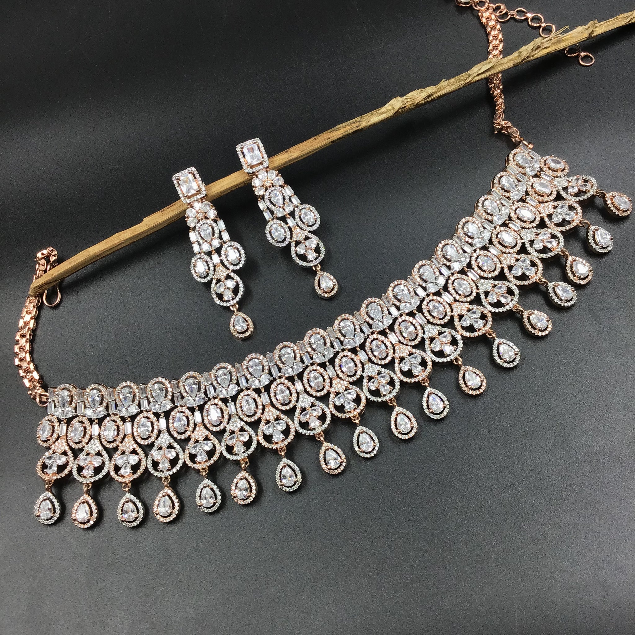 Rose Gold Zircon/AD Necklace Set - Dazzles Jewellery