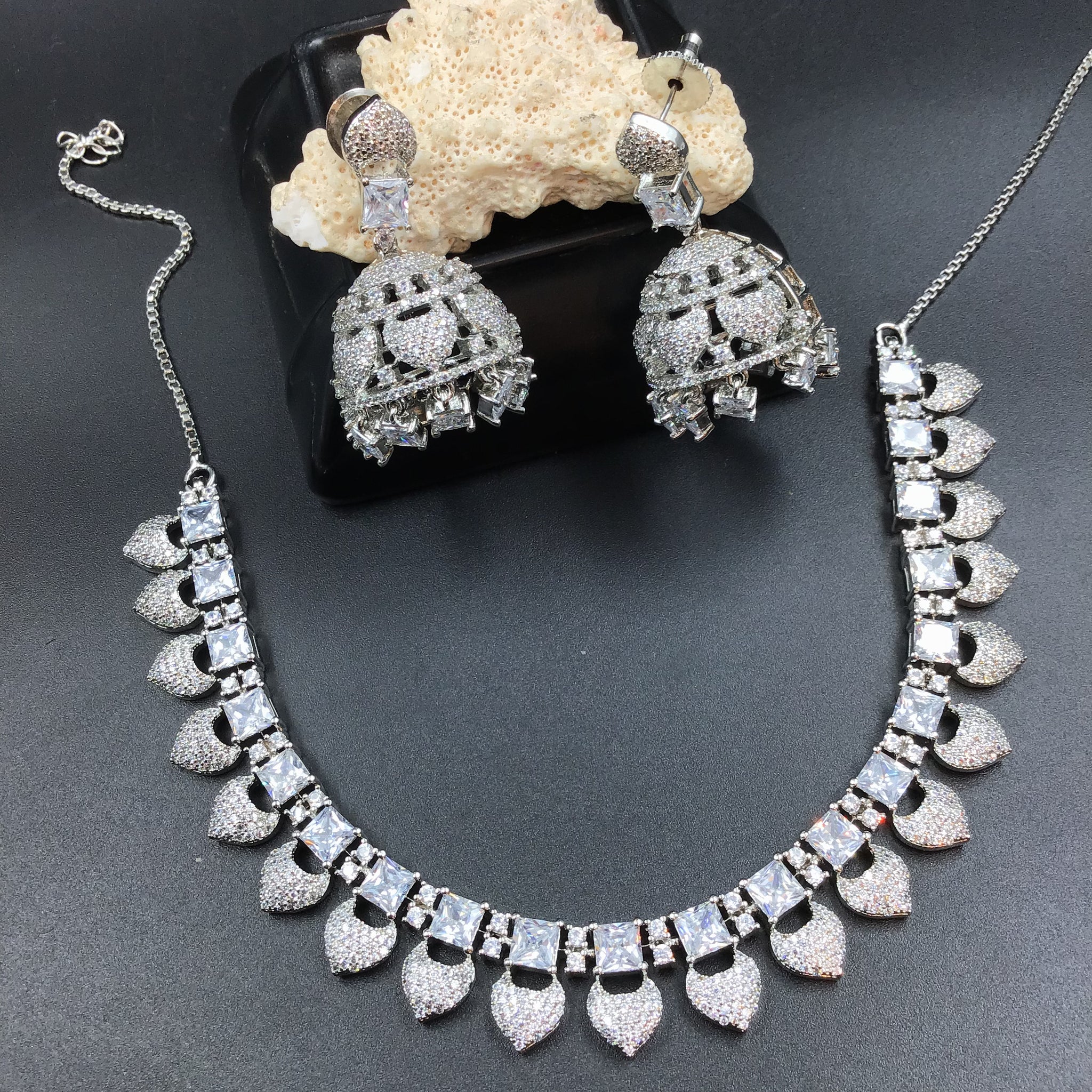 Silver Zircon/AD Necklace Set 15206-2353 - Dazzles Jewellery