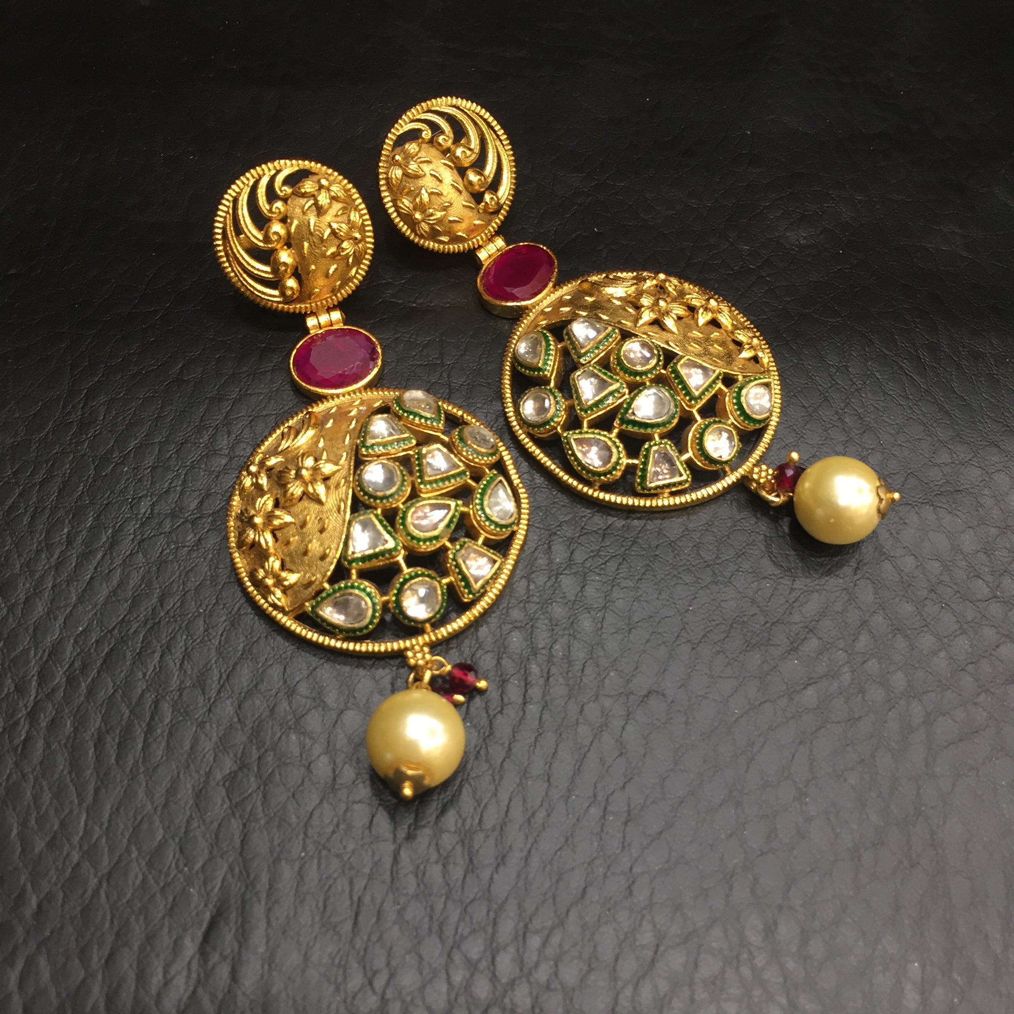 Ruby Color Antique Gold Plated Earring 4480-8545 - Dazzles Jewellery